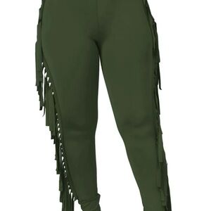 Olive Green Fringe Tassel Lined Jogger Leggings Women's Pants -New-